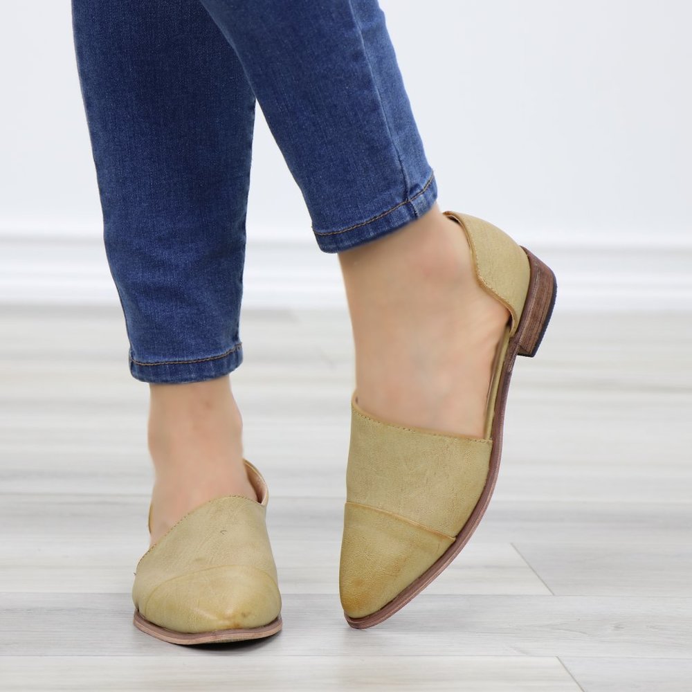 Beige Opened Side Pointy Slip On Flat Loafer - Picture 8 of 9